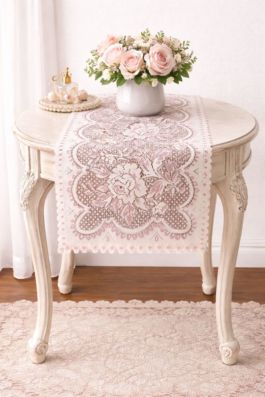 Bess Vintage Lace Table Runner NEW Pink Floral Cottagecore Farmhouse 13x45 USA